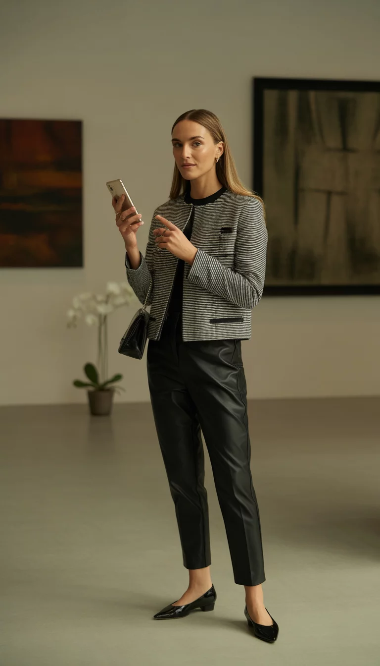 Checkered Jackets And Ballet Flats A beautiful 32-year-old woman in a black and white checkered jacket, black pants, and black leather ballet flats, holding a phone and a black purse.