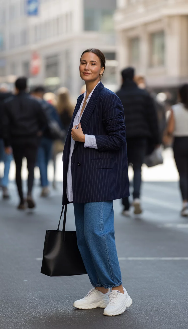 Pinstripe Blazers And Chunky Sneakers A beautiful 34-year-old woman in a pinstripe blazer, white button-down shirt, baggy blue jeans, and chunky white sneakers, holding a black leather bag.