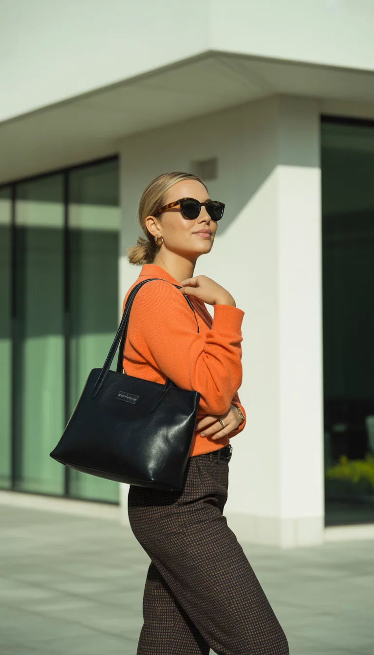The Bright Zesty Knit A beautiful 34-year-old woman in a bright orange sweater, patterned trousers, black sunglasses, and a black leather handbag, standing in front of a white building architectural background.