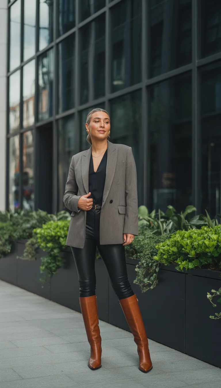 Leather Leggings And Tall Boots A beautiful 35-year-old woman in a grey blazer, black top, black leather leggings, and tall brown leather boots, standing outside a modern building.