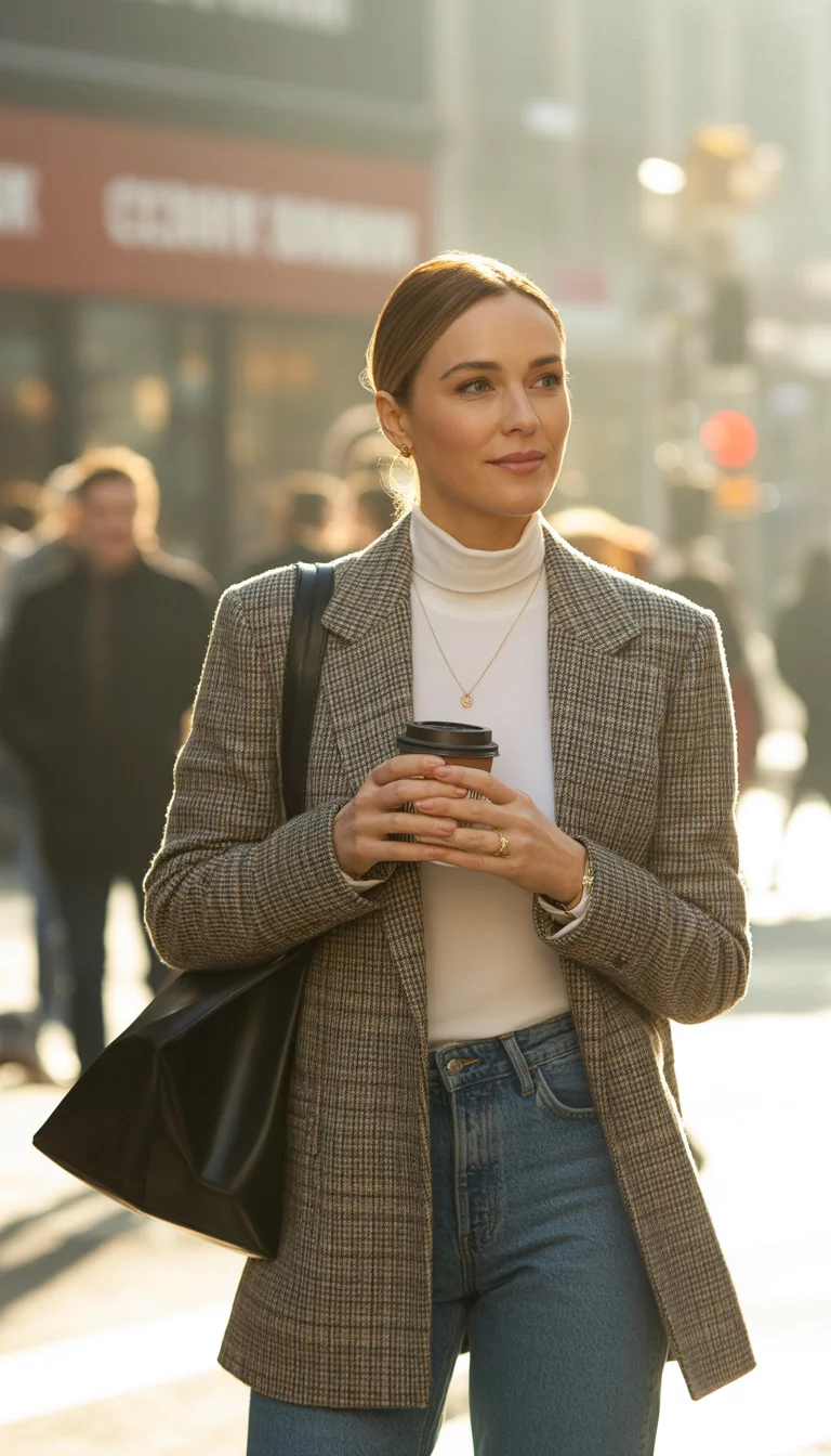 Plaid Blazers And White Turtlenecks A beautiful 33-year-old woman in a plaid blazer, white turtleneck, blue jeans, and a black leather bag, holding a coffee cup in a city street.