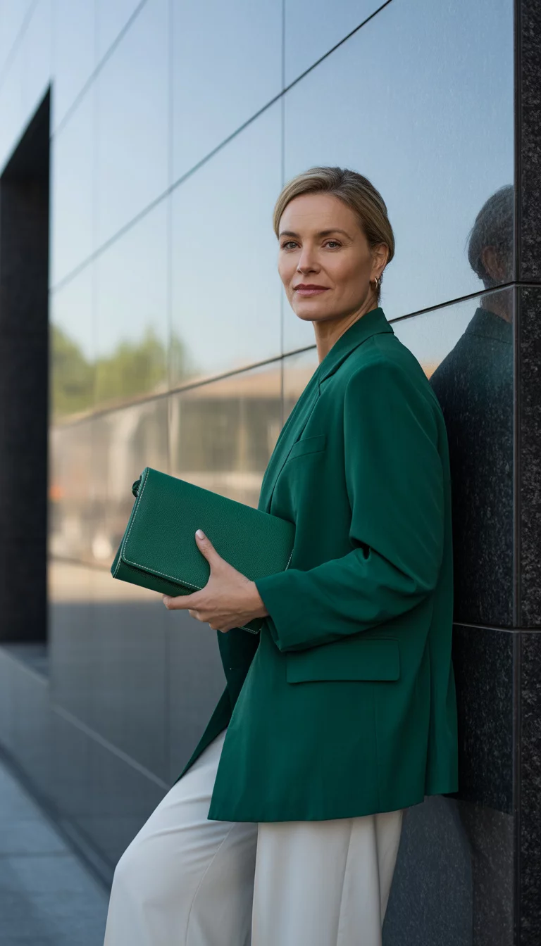 The Oversized Statement Blazer A beautiful 42-year-old woman in an oversized green blazer, white wide-leg pants, and a green leather clutch, standing in front of a modern granite building.
