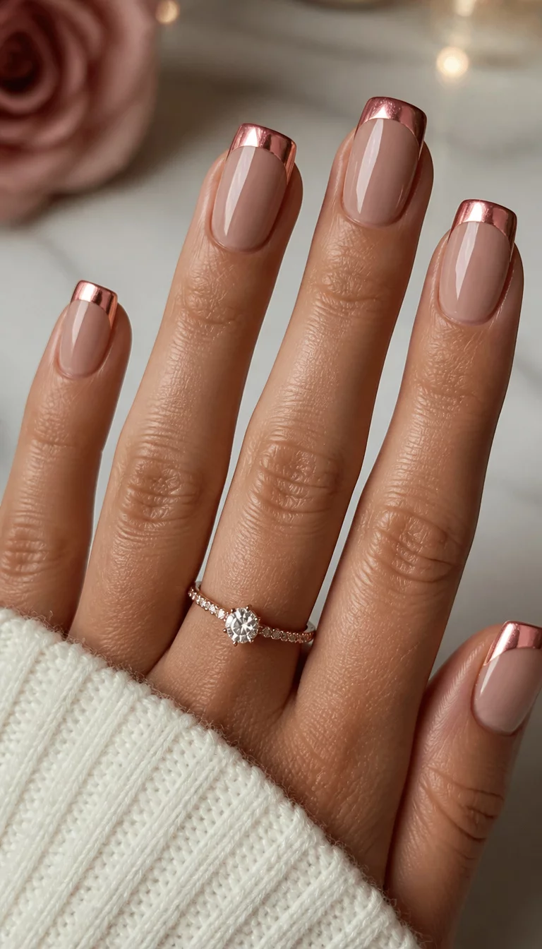Rose Gold French Tip close-up shot of a woman’s hand with five fingers showing square-shaped nails with a tan base and a metallic rose gold French tip design, delicate diamond-encrusted ring.