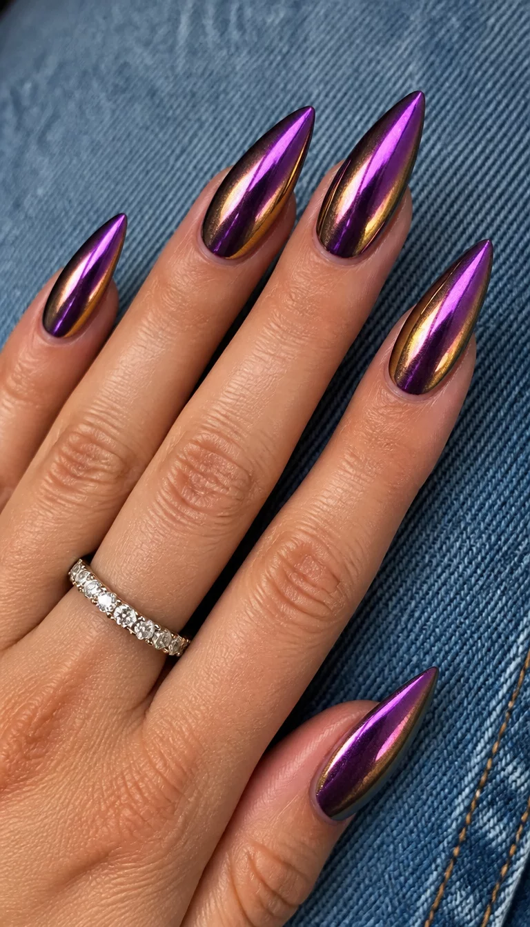 Purple Gold Shift close-up shot of a woman’s hand with five fingers showing stiletto-shaped nails in a shifting metallic purple-to-gold hue, hand wears a diamond eternity band, denim-like background.