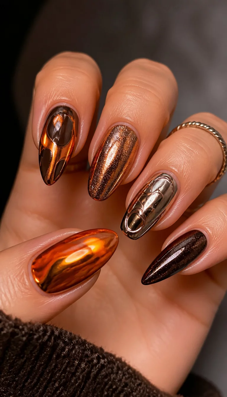 Autumn Gradient Collage close-up shot of a woman’s hand with five fingers showing collage of chrome nails in various shapes and colors including orange, bronze, and dark brown, some with glitter or abstract designs.