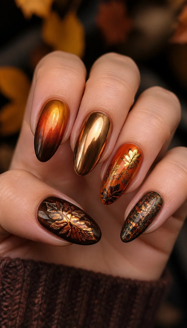 Autumn Leaves Ombre close-up shot of a woman’s hand with five fingers showing collage of fall-themed chrome nail designs featuring ombre, leaf motifs, and various metallic finishes in orange, gold, and dark hues.