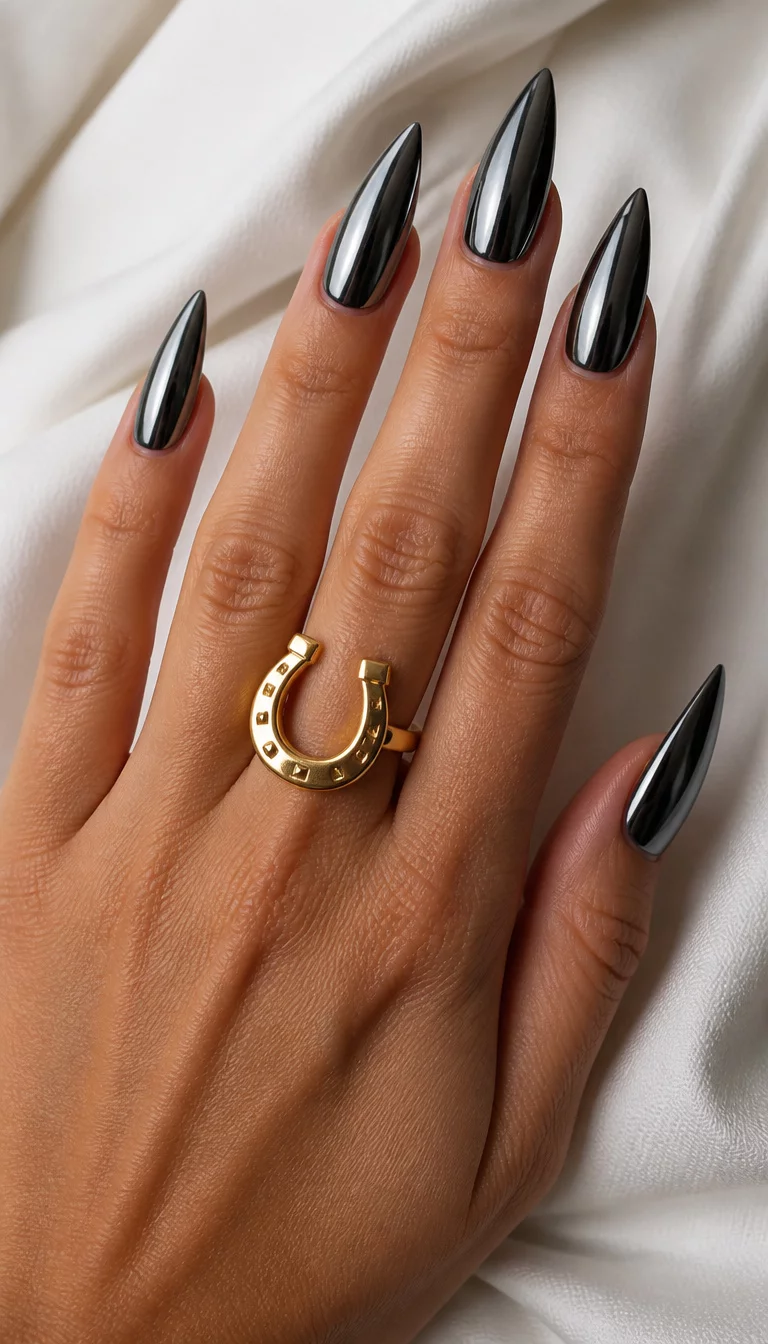 Gunmetal Horseshoe Edge close-up shot of a woman’s hand with five fingers showing stiletto-shaped, dark gunmetal chrome nails, hand adorned with a bold gold horseshoe ring, white fabric background.