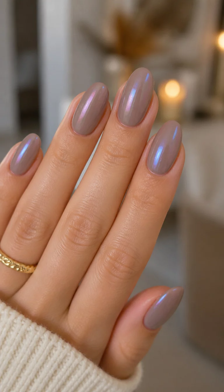 Holographic Taupe Shimmer close-up shot of a woman’s hand with five fingers showing almond-shaped, taupe nails with a subtle iridescent sheen reflecting blue and pink tones, blurred indoor setting.