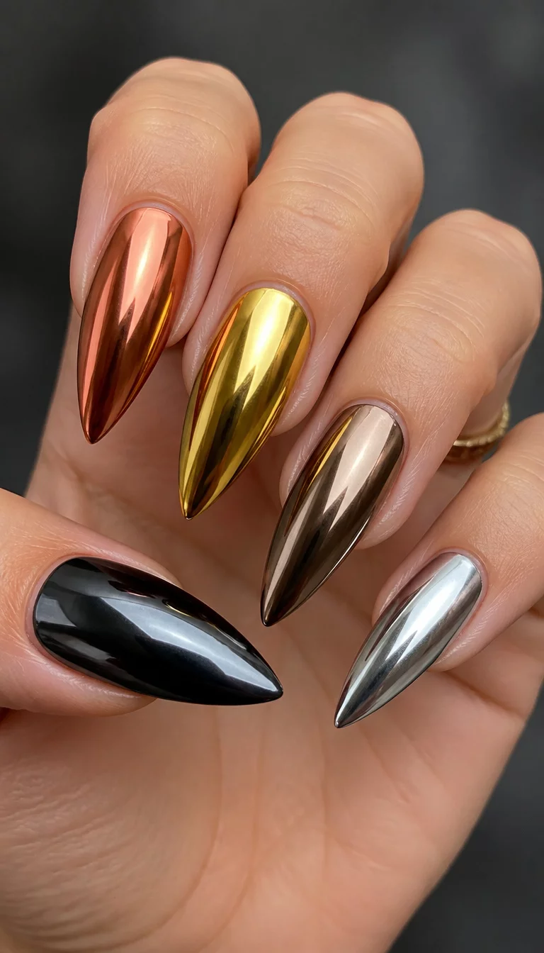 Metallic Powder Palette close-up shot of a woman’s hand with five fingers showing various chrome nail powders on pointed nails including copper, gold, bronze, silver, and black.