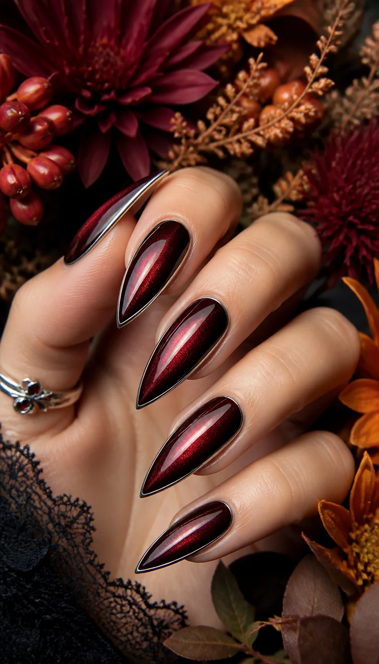 Cat Eye Crimson close-up shot of a woman’s hand with five fingers showing sharp, stiletto-shaped nails with a dark red metallic cat-eye effect outlined with silver, floral arrangement with autumn colors.
