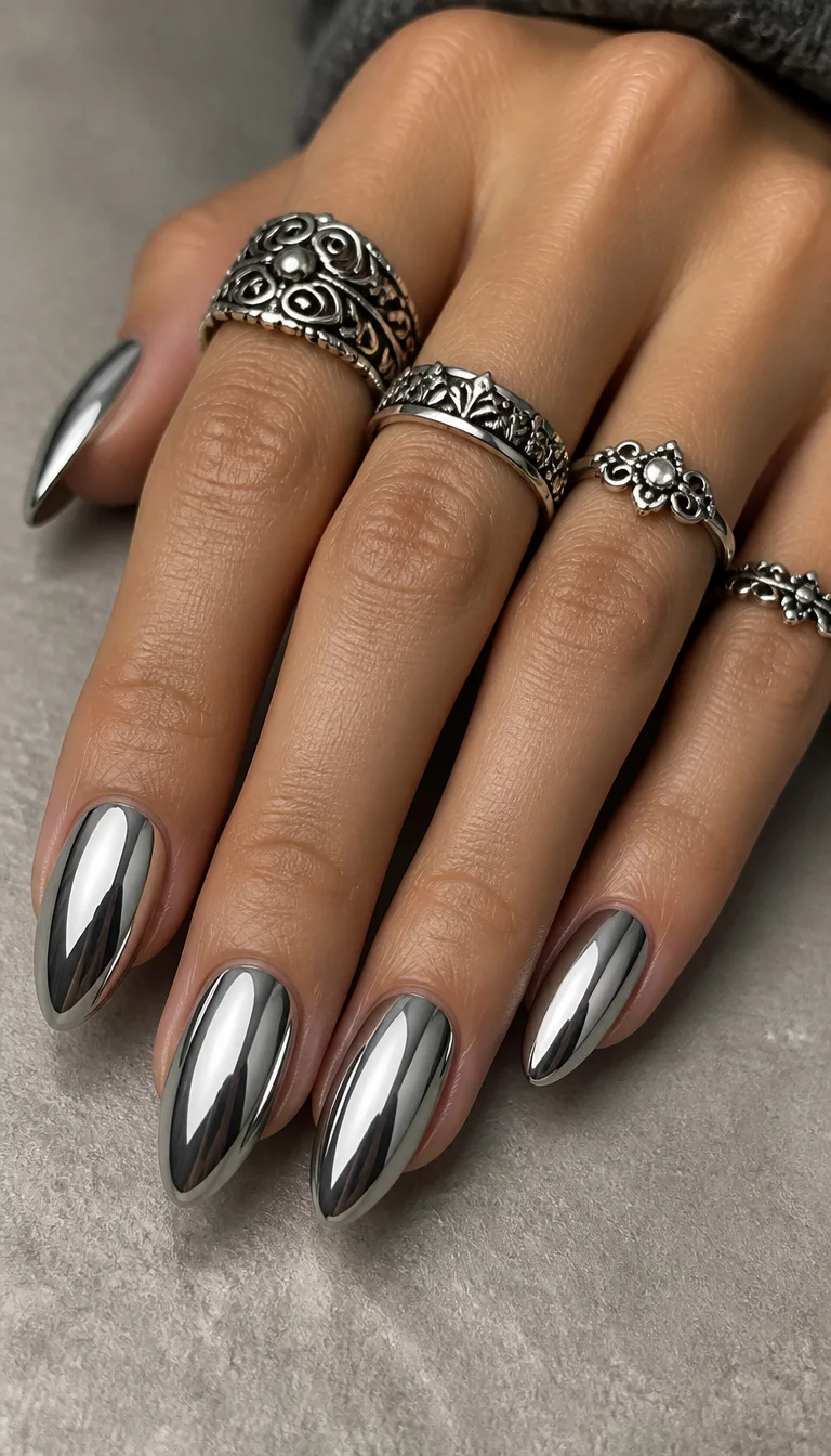Liquid Silver Mirror Finish close-up shot of a woman’s hand with five fingers showing almond-shaped, mirror-chrome nails with a metallic silver finish, neutral textured surface with ornate silver rings on the fingers.