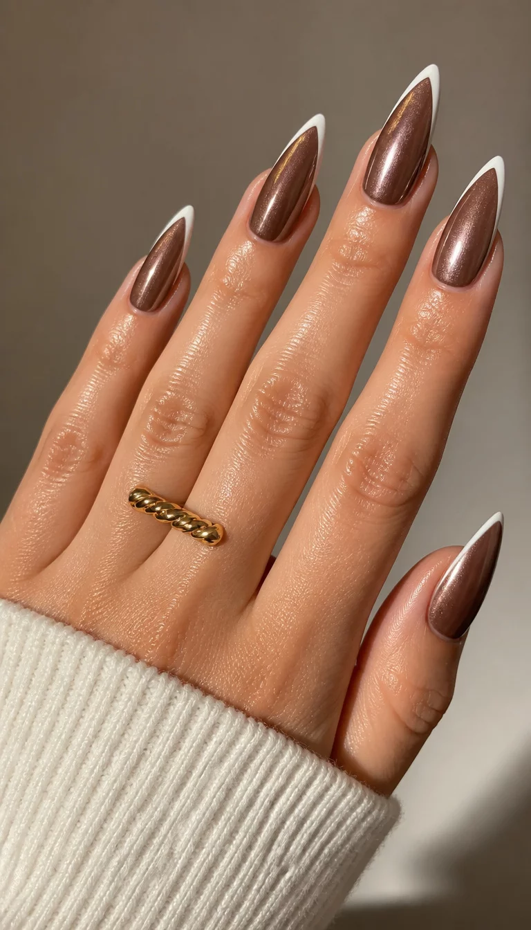 Chocolate French Stiletto close-up shot of a woman’s hand with five fingers showing stiletto-shaped, medium brown chrome nails with a subtle white French tip, hand wears a twisted gold band ring.