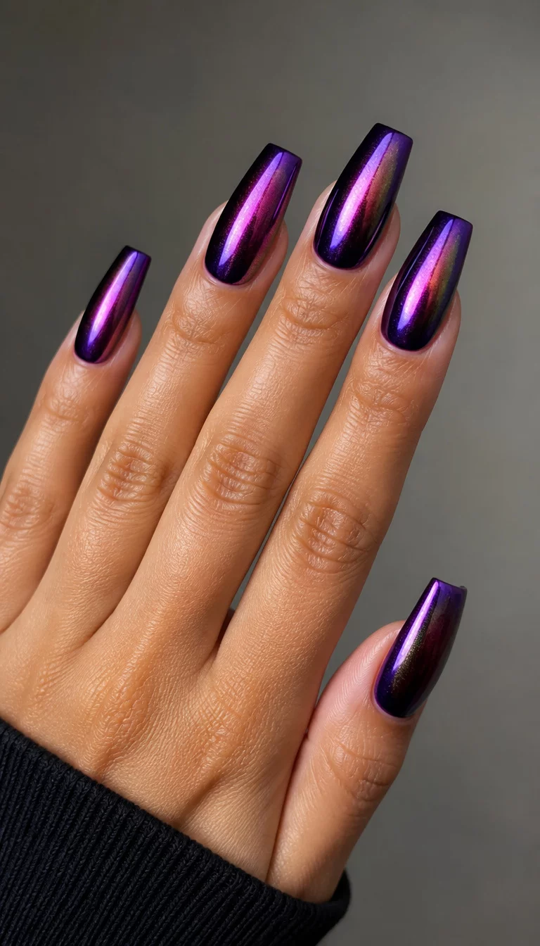 Multi Chrome Coffin close-up shot of a woman’s hand with five fingers showing coffin-shaped, dark metallic purple with hints of red and gold giving a multi-chrome effect, neutral greyish tone background.