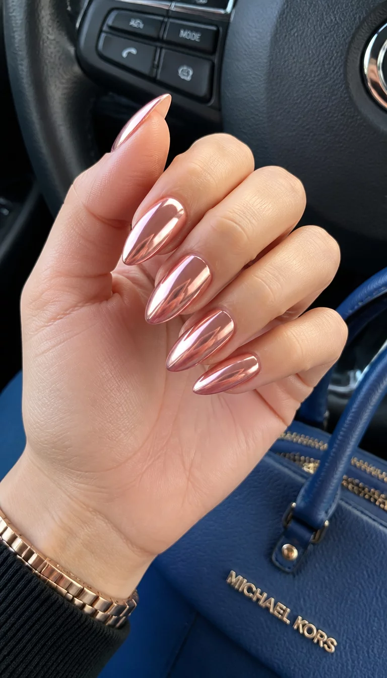 Rose Gold Road Trip close-up shot of a woman’s hand with five fingers showing almond-shaped nails with a rose gold chrome finish, hand in the driver's seat of a car with a blue bag visible.