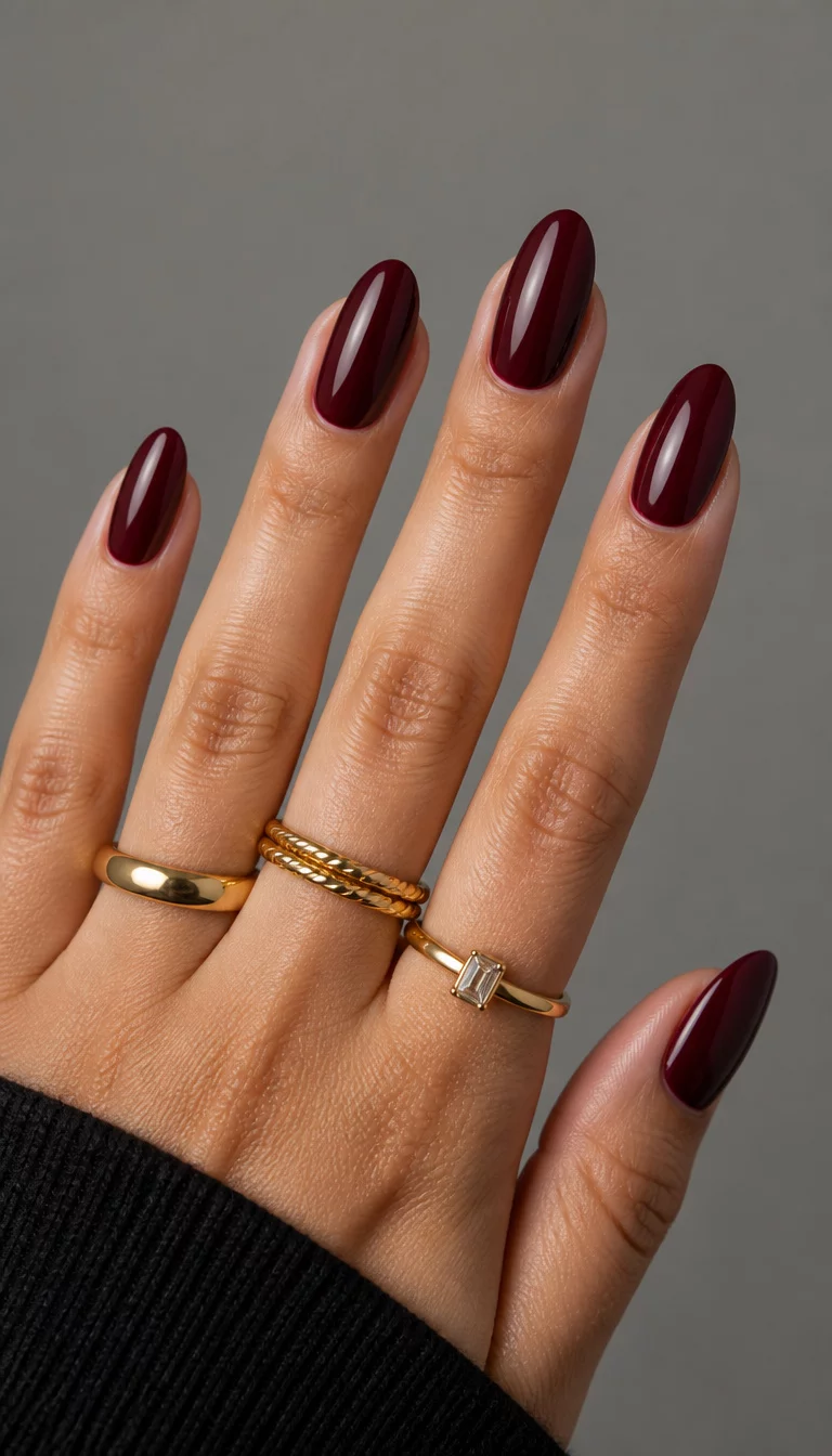 Glossy Wine Almond close-up shot of a woman’s hand with five fingers showing almond-shaped nails in a deep glossy burgundy color, hands adorned with gold rings, neutral gray background.
