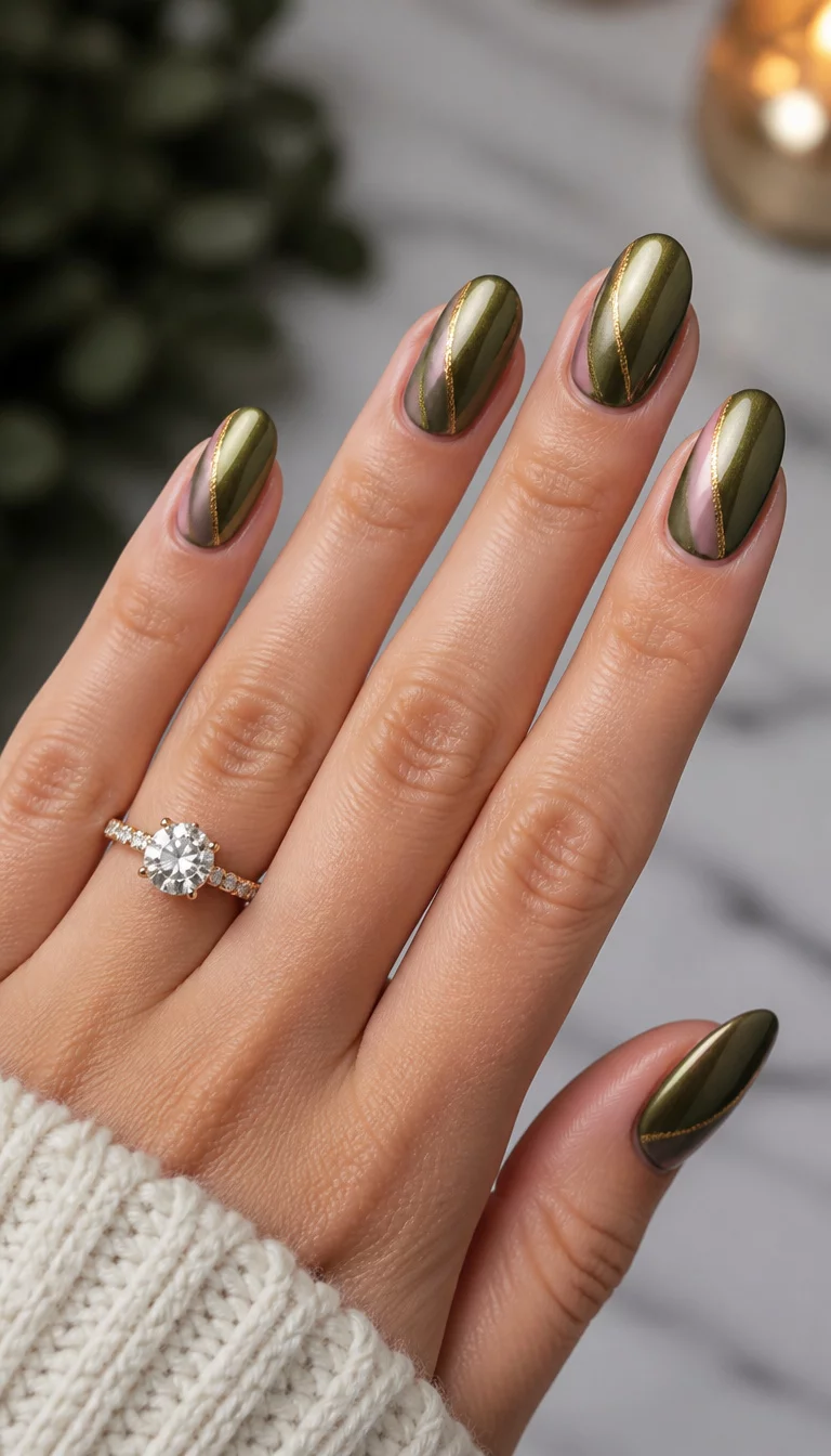 Olive Green Gold Stripe close-up shot of a woman’s hand with five fingers showing oval-shaped, metallic olive green nails with a pink accent and a gold stripe detail, diamond ring on the hand.