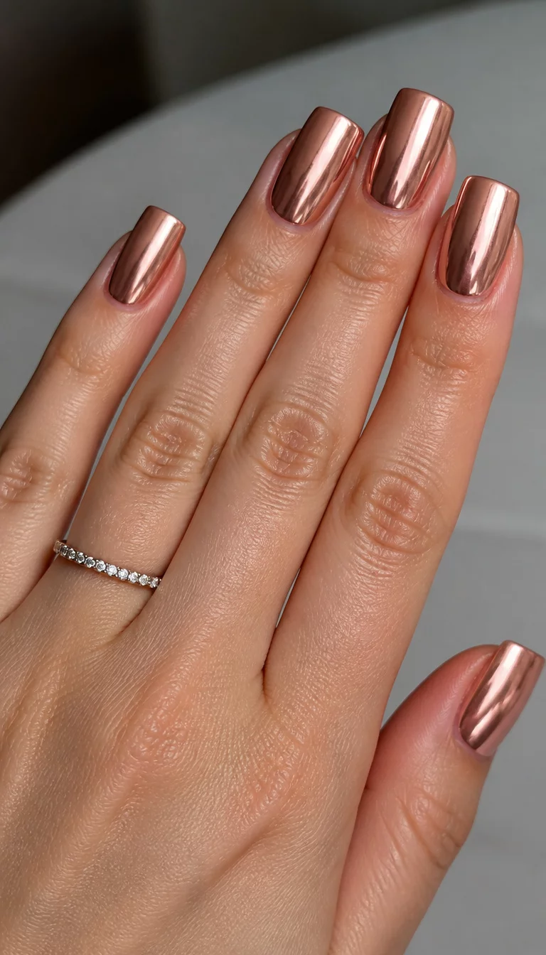 High Shine Rose Square close-up shot of a woman’s hand with five fingers showing square-shaped, rose gold chrome nails with a high-shine metallic finish, hand wears a thin diamond band.