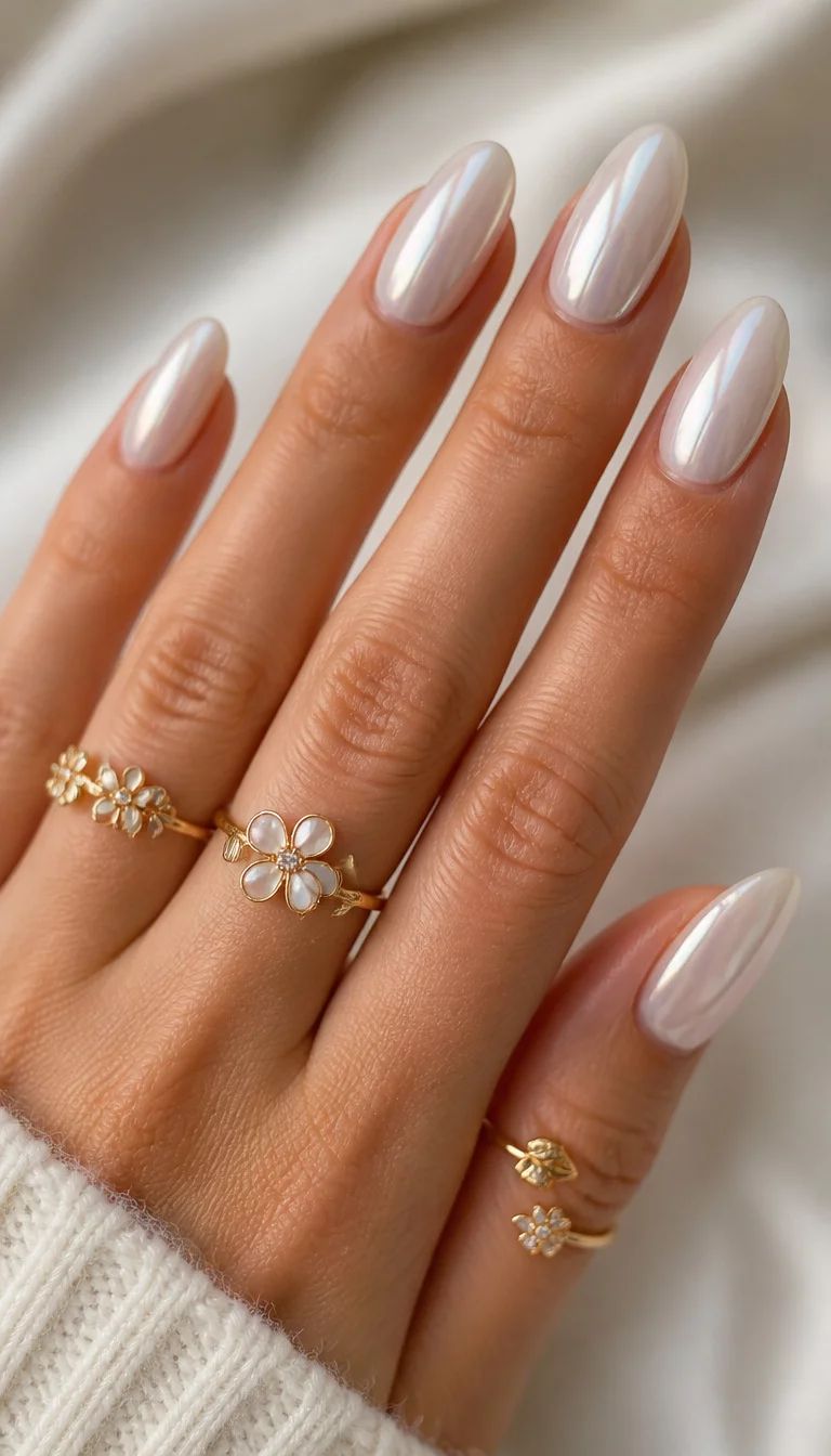Iridescent White Pearl close-up shot of a woman’s hand with five fingers showing almond-shaped, pearly white chrome nails with a high-shine, iridescent finish, hand accented with delicate gold rings with a floral design.