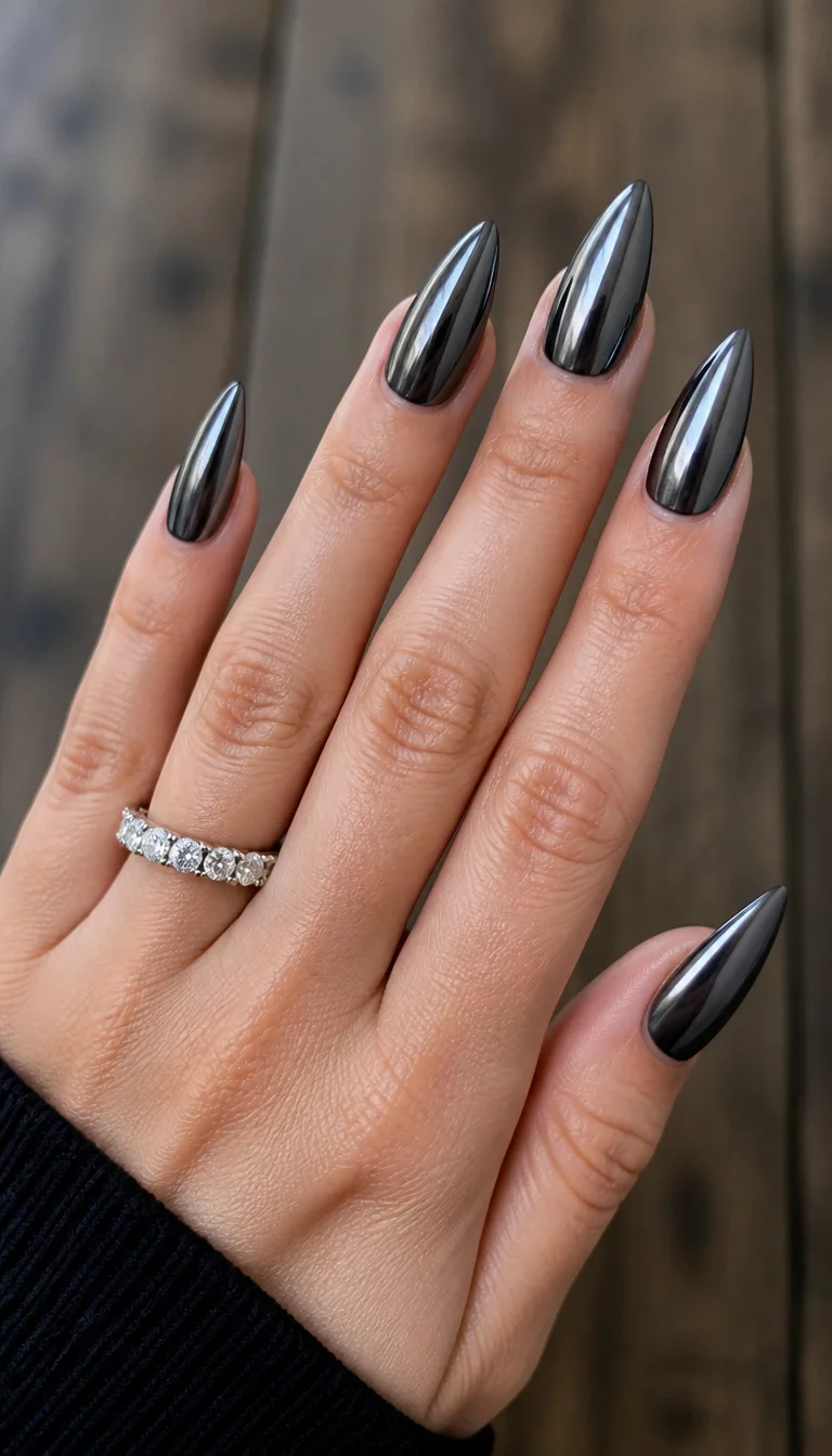 Dark Steel Stiletto close-up shot of a woman’s hand with five fingers showing stiletto-shaped, dark metallic gray chrome nails, hand wears a stunning eternity band ring, blurred wooden surface.