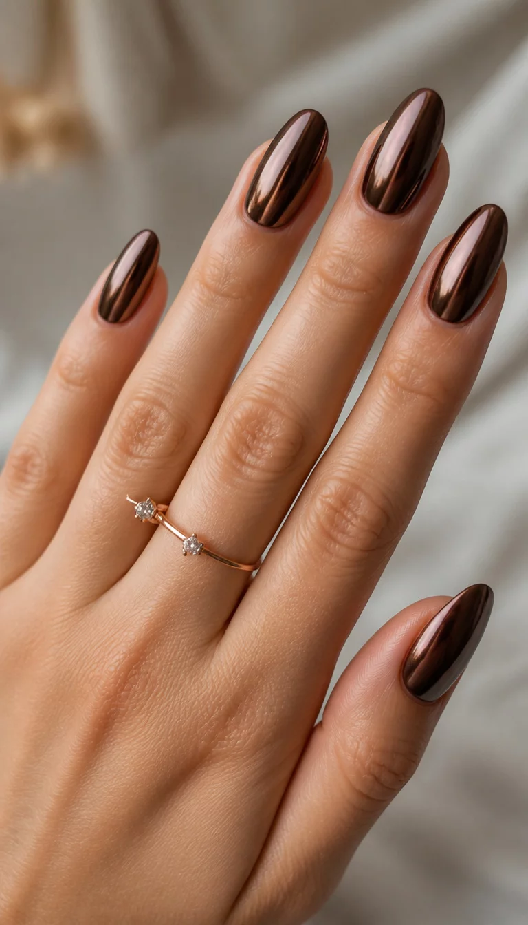 Metallic Dark Cocoa close-up shot of a woman’s hand with five fingers showing almond-shaped, deep brown chrome nails with a high-gloss metallic finish, hand wears a delicate rose gold ring with a small diamond.
