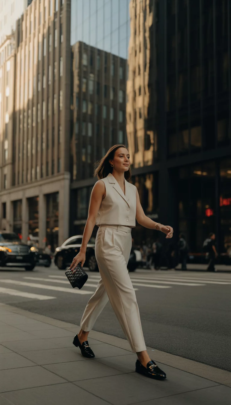 Sleek Monochrome Separates A beautiful 31-year-old woman in a beige sleeveless top, matching beige pants, and black loafers, carrying a black quilted handbag, walking down a busy city street with tall buildings.