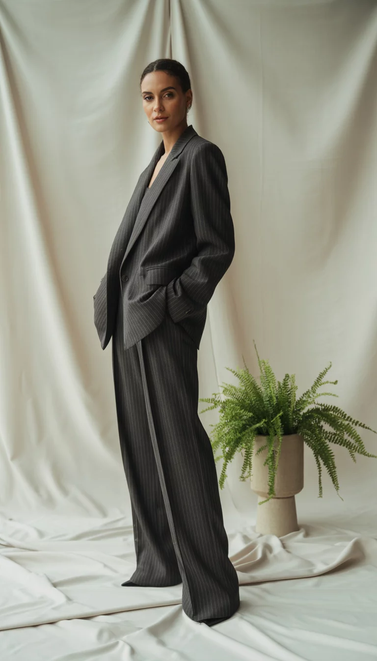 The Fall Lookbook Palette A beautiful 33-year-old woman in a stylish blazer and trousers, featured as part of an eight-outfit fall lookbook display with a sleek and modern design.
