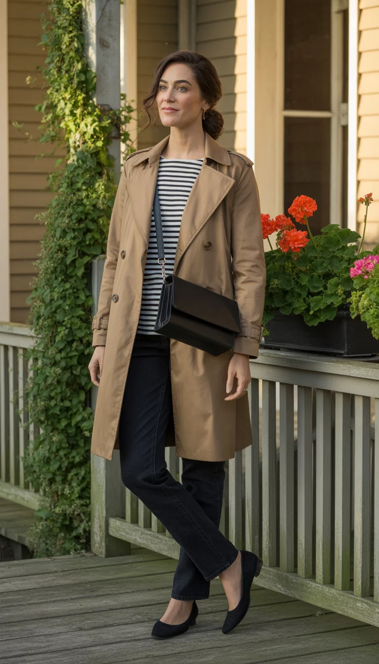 The Timeless Trench Coat A beautiful 36-year-old woman in a tan trench coat over a striped top and jeans, with black flats and a black crossbody bag, standing on a wooden porch.