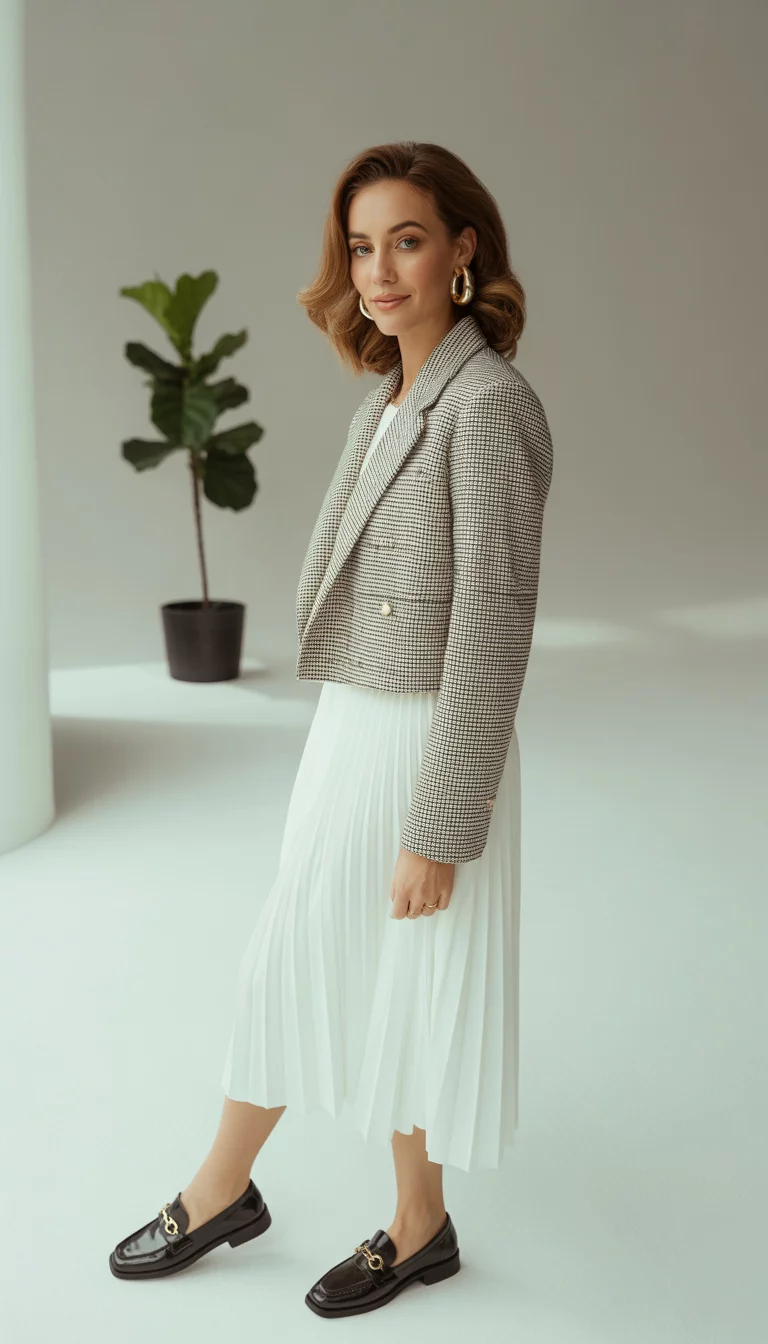Plaid And Pleated Perfection A beautiful 42-year-old woman in a plaid cropped blazer, a white pleated midi skirt, gold pearl hoop earrings, and black bit loafers, standing in a brightly lit studio with a minimalist aesthetic.