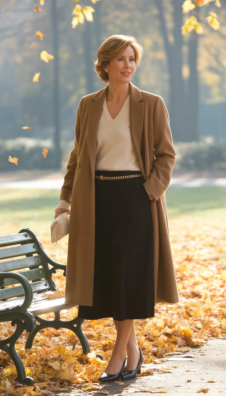 Classic Camel Coat Layers A beautiful 39-year-old woman in a camel wool coat, a cream V-neck sweater, a black midi skirt, a gold chain belt, and black ballet flats, standing near a park bench with falling leaves.