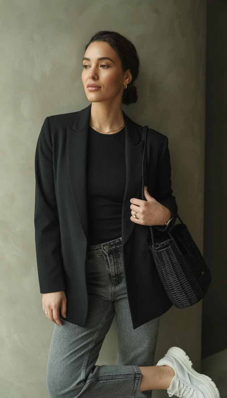 Subtle Urban Edge A beautiful 32-year-old woman in a black blazer, a black ribbed top, distressed grey jeans, and chunky sneakers, posing with a black woven handbag against a grey wall.