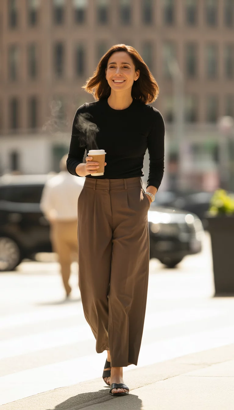 Wide-Leg Cropped Confidence A beautiful 34-year-old woman in a black long-sleeve top and brown wide-leg cropped pants, with black sandals, walking on a sunny city sidewalk with a coffee cup.