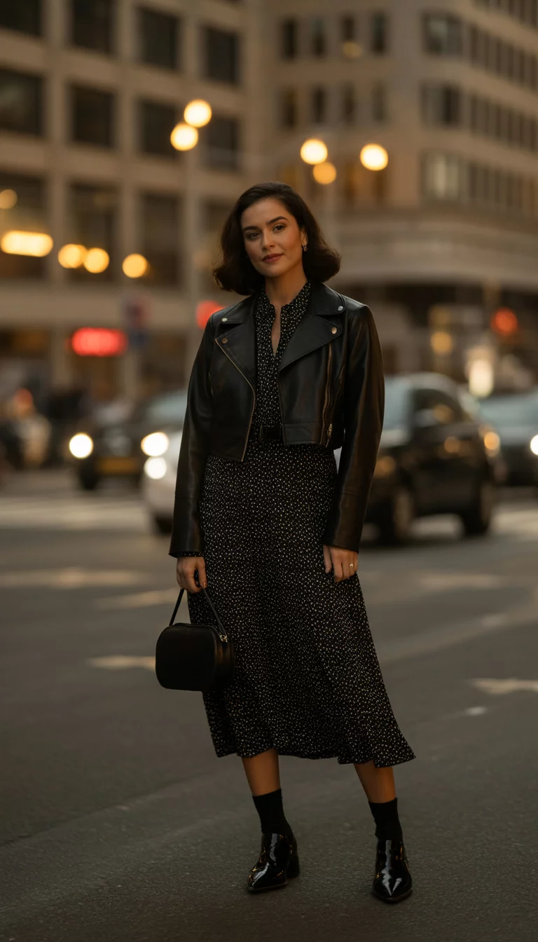 Leather And Polka Dots A beautiful 25-year-old woman in a black polka-dot midi dress, a cropped black leather jacket, black socks, and ankle boots, carrying a small black handbag.
