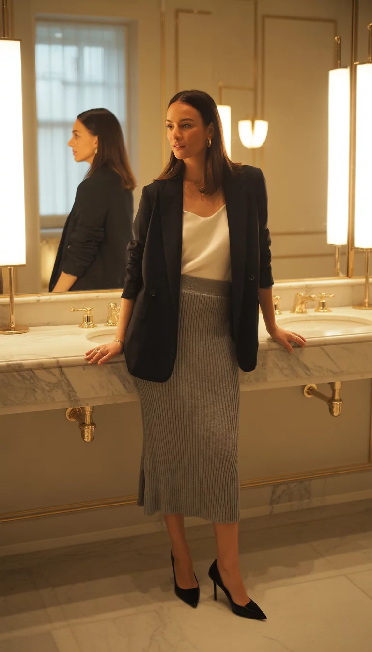 Textures In The Mirror A beautiful 38-year-old woman in a black blazer, a white camisole, a grey ribbed knit midi skirt, and black pointed-toe pumps, taking a mirror selfie in a luxury bathroom.