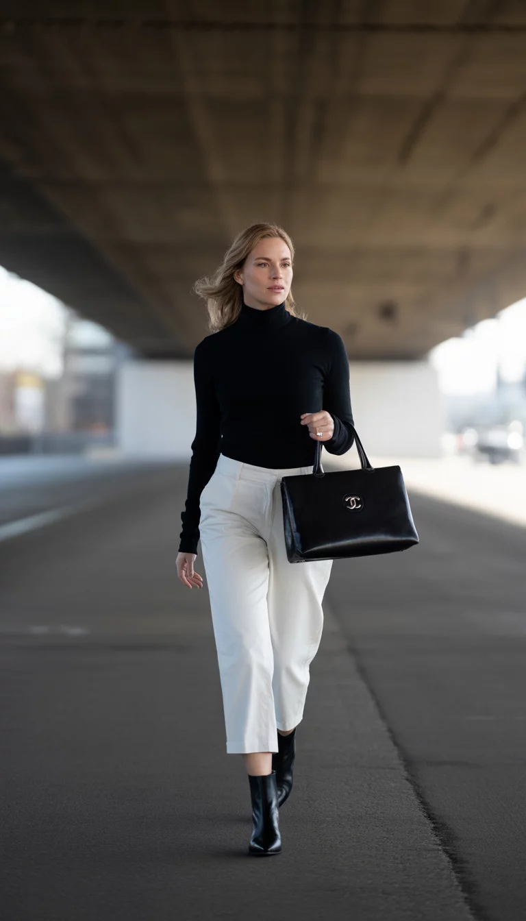 Modern Turtleneck Simplicity A beautiful 30-year-old woman in a black turtleneck, white cropped pants, and black ankle boots, carrying a black Chanel-style handbag, walking under a concrete overpass.