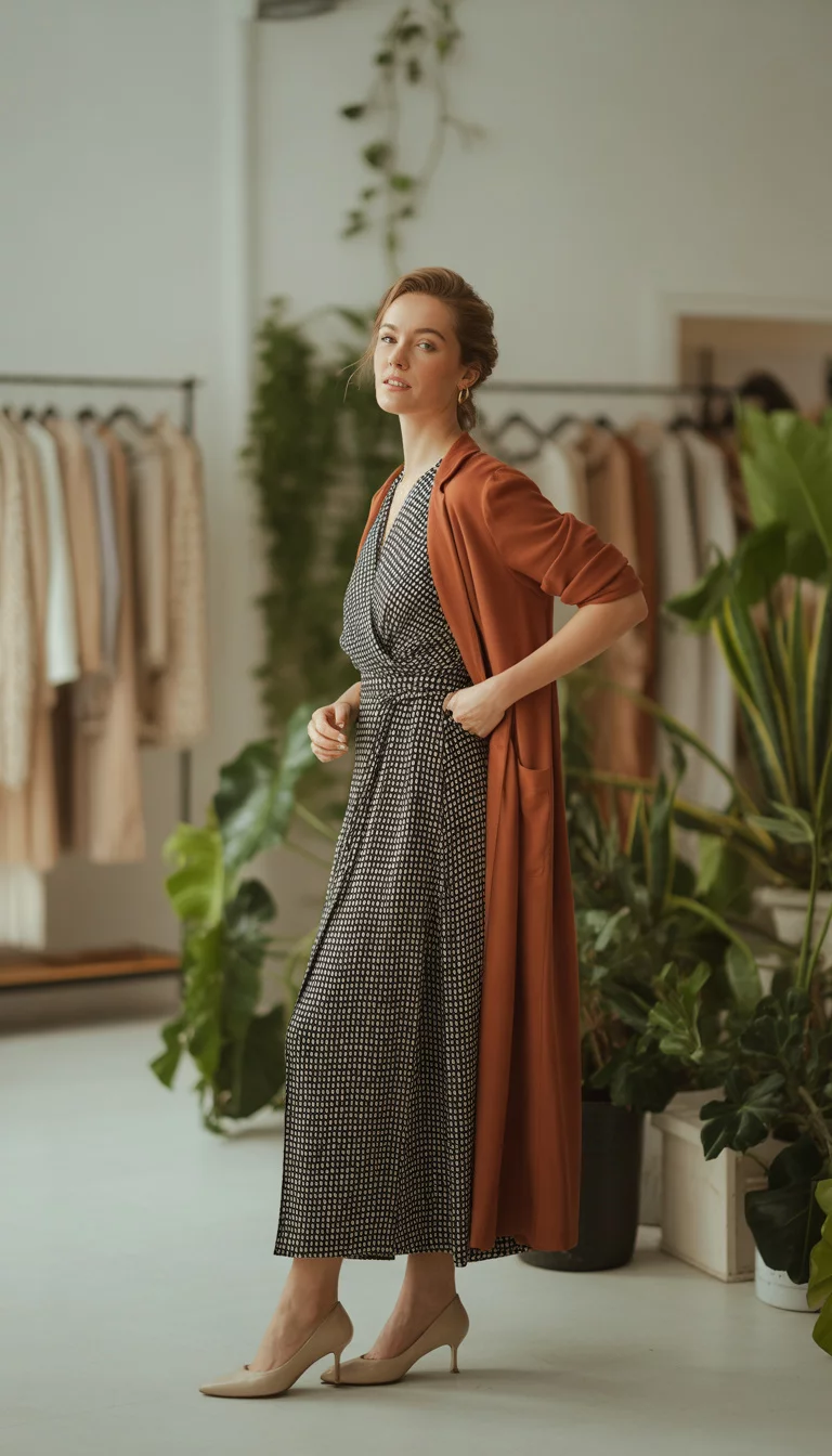 The Cozy Rust Cardigan A beautiful 37-year-old woman in a black and white patterned wrap dress, a rust-colored long cardigan, and beige pumps, standing in a bright room with indoor plants and clothing racks.