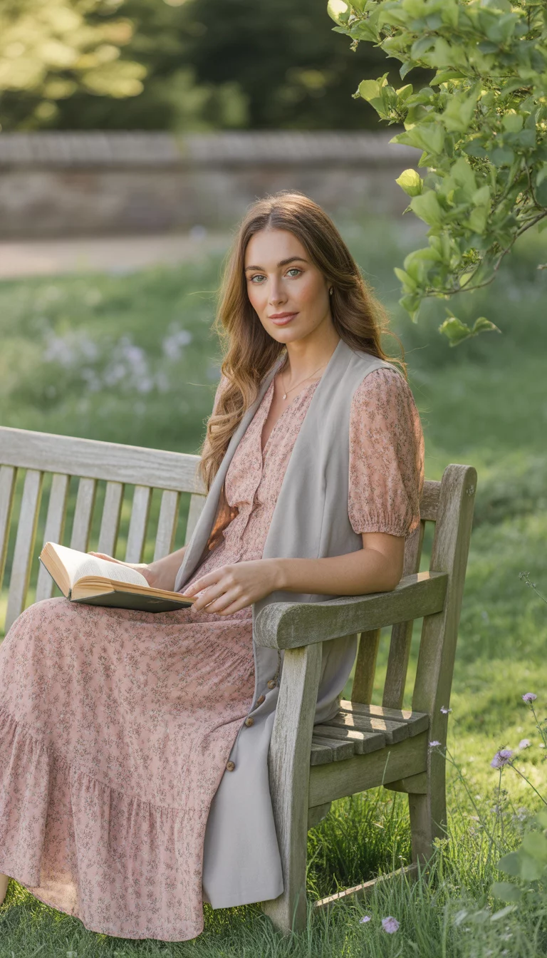 Floral Femininity With A Vest A beautiful 27-year-old woman in a pink floral tiered dress and a light grey long vest, sitting on a wooden bench outdoors with a book in her hands.