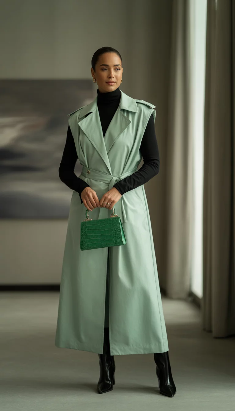 The Mint Trench Dress A beautiful 35-year-old woman in a mint green sleeveless trench dress, a black turtleneck, and black boots, standing in a stylish interior room with a green croc-embossed handbag.