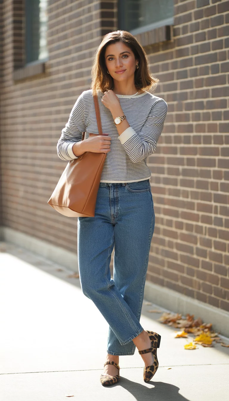 Striped Knits And Leopard Prints A beautiful 28-year-old woman in a navy and white striped sweater, medium-wash straight-leg jeans, a cognac tote bag, a gold watch, and leopard print Mary Jane flats.