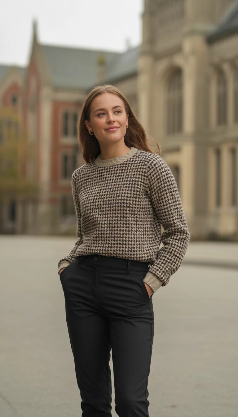 A beautiful 19-year-old woman in a patterned houndstooth knit sweater and black slim-fit trousers, she poses outdoors with blurred collegiate buildings in the background.