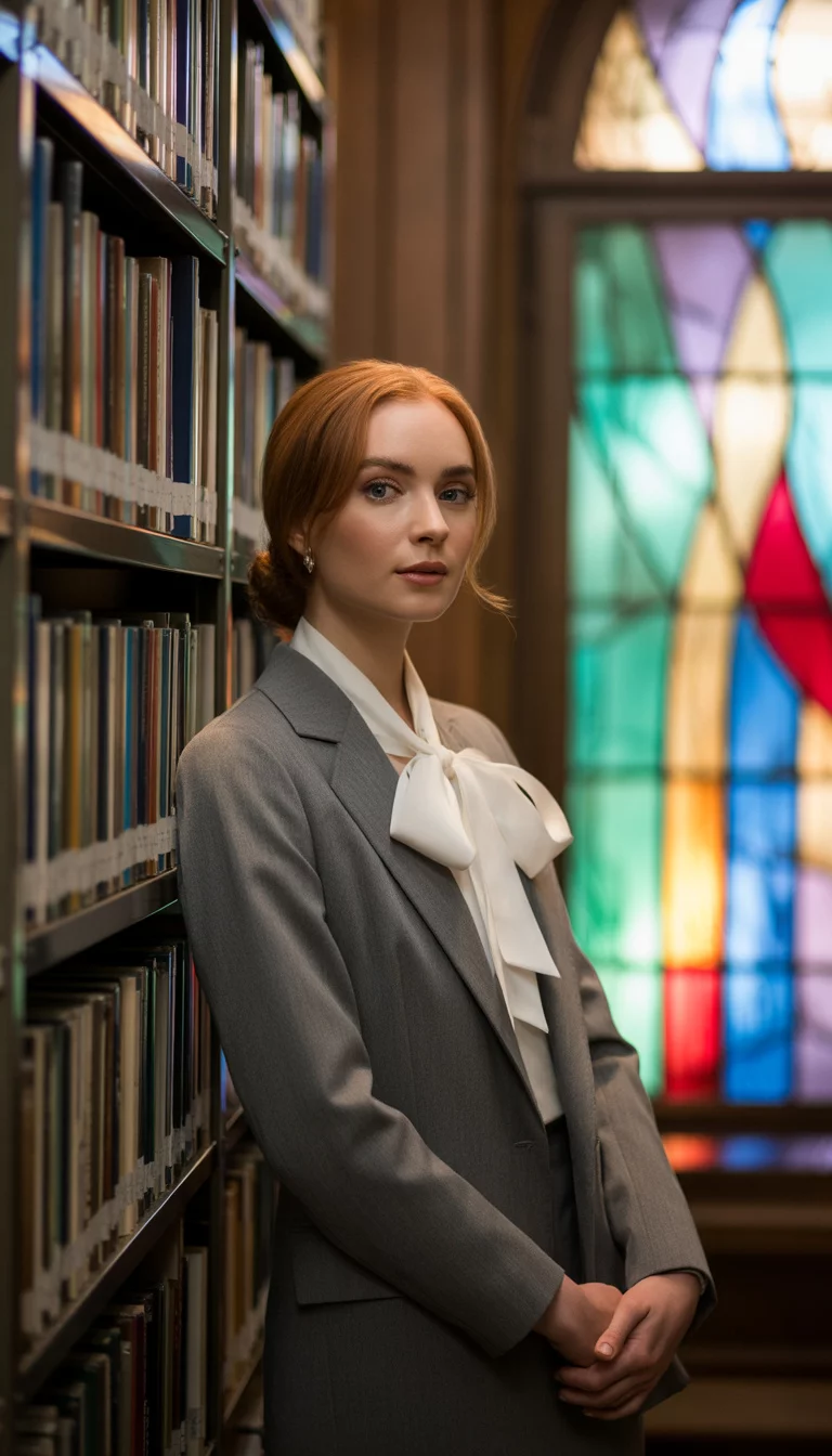 A beautiful 22-year-old woman in a grey suit jacket and a white bow-tie blouse, she stands near a library bookshelf and a colorful stained-glass window.