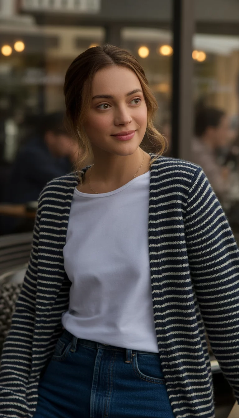 A beautiful 21-year-old woman in a striped navy sweater and blue jeans, a denim button-down shirt with black leggings, and a white button-up shirt with fitted jeans.