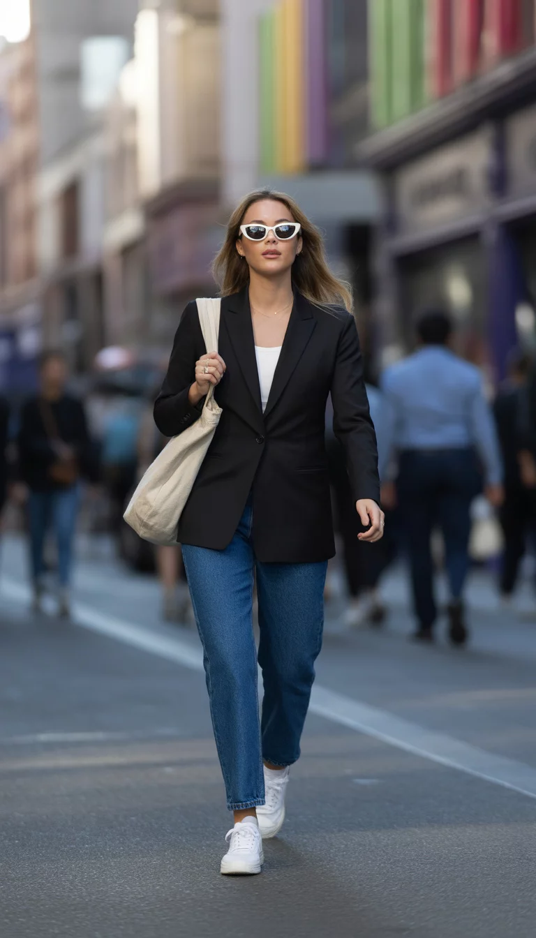 A beautiful 22-year-old woman in a black modern blazer, blue straight-leg jeans, white sneakers, white cat-eye sunglasses, and a beige canvas tote bag on a city street.