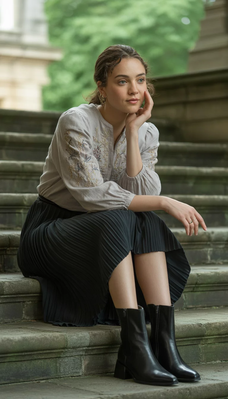 A beautiful 19-year-old woman in a light-colored embroidered blouse and a black pleated mini skirt, she wears black leather ankle boots while sitting on stone campus stairs.