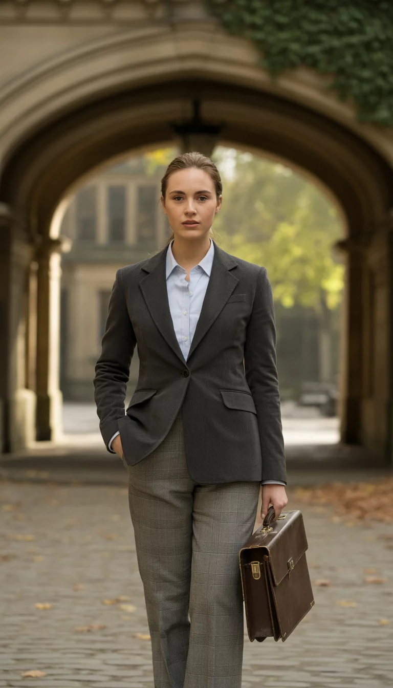 A beautiful 23-year-old woman in a dark grey tailored blazer, a light blue collared shirt, and grey plaid trousers, she stands under a stone arched campus walkway holding a brown briefcase.