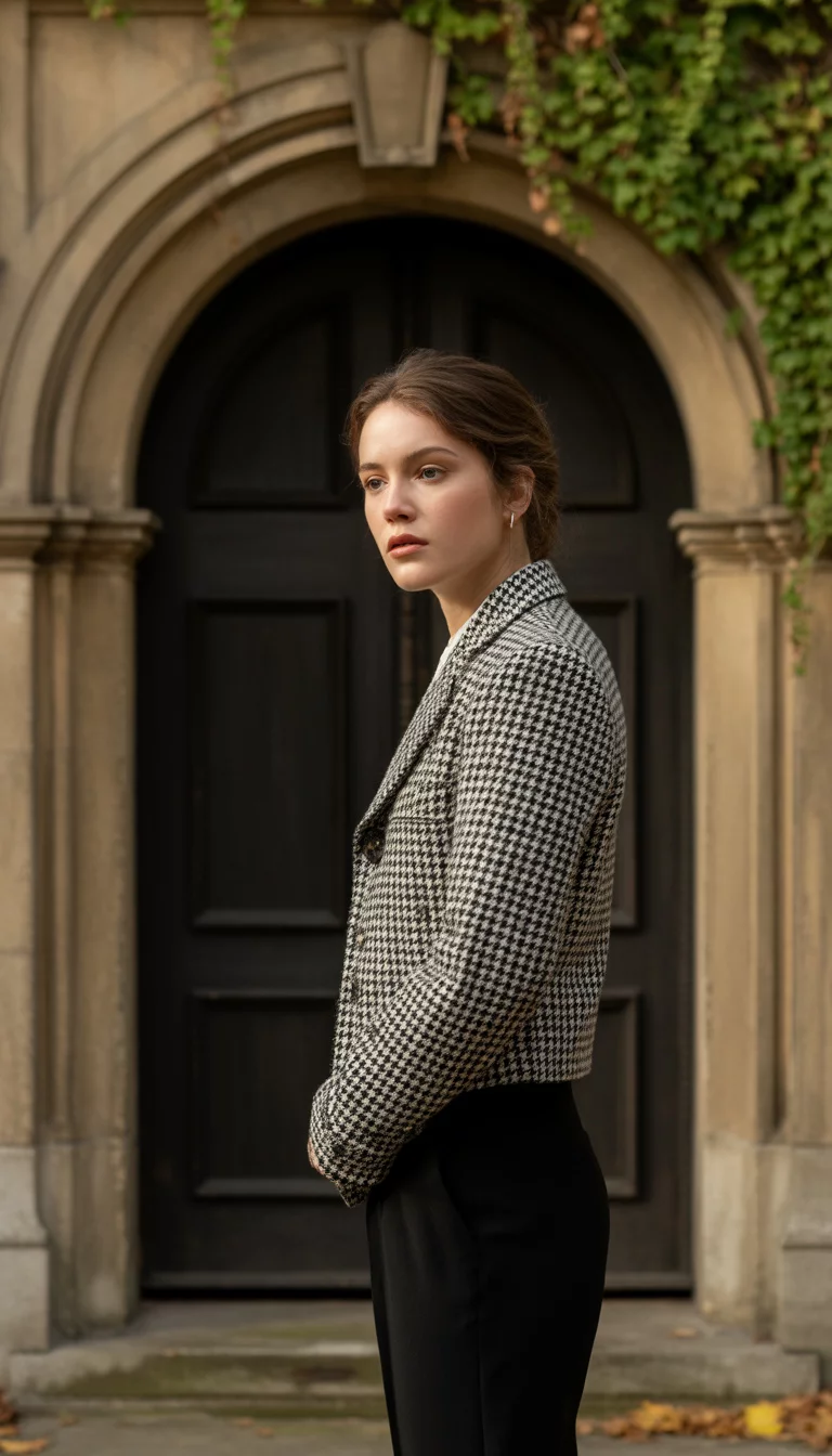 A beautiful 18-year-old woman in a black and white houndstooth cardigan and black tailored pants, she stands before a large stone arched campus doorway.