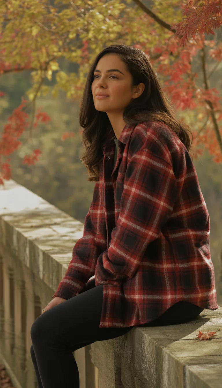 A beautiful 20-year-old woman in a red and black plaid flannel shirt and black leggings, she sits on a low stone wall under trees with autumn leaves.