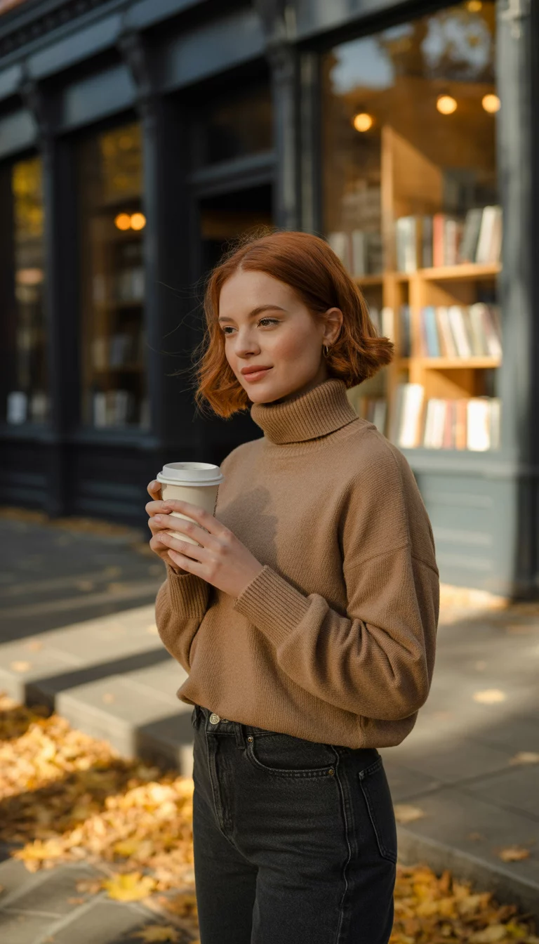 A beautiful 23-year-old woman in a tan turtleneck sweater and dark denim jeans, she holds a white paper coffee cup while standing on a leaf-strewn city street.