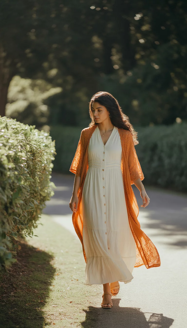 A beautiful 25-year-old woman in a white button-down maxi dress and an orange lace kimono, she walks on a sun-dappled path surrounded by green bushes.
