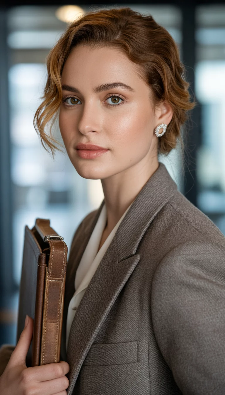 A beautiful 25-year-old woman in a grey wool blazer layered over a crisp white shirt, she carries a vintage brown briefcase and wears subtle silver jewelry in a close-up setting.