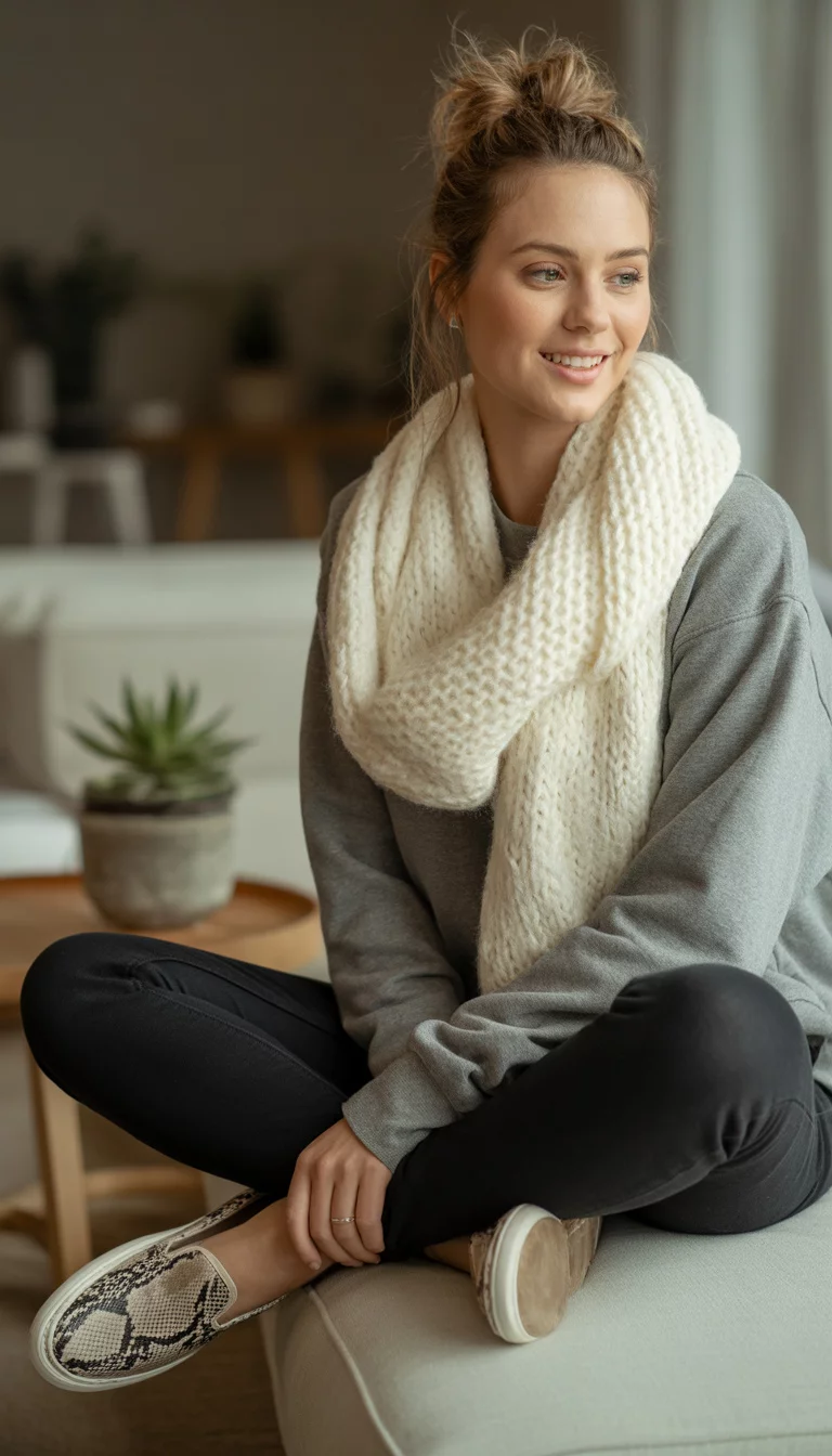 A beautiful 24-year-old woman in a grey sweatshirt, a massive cream knit scarf, black skinny jeans, and snake skin print slip-on shoes, her hair is tied in a messy bun.